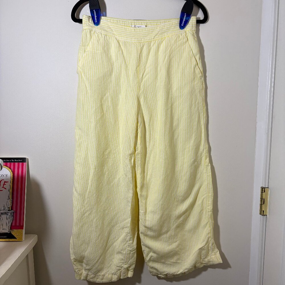 Loft Fluid Linen Blend Striped Wide Leg Crop Pants Yellow White XSmall Lined